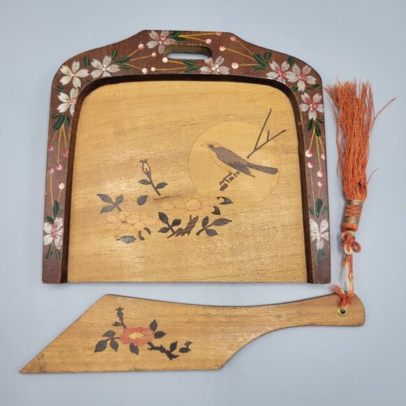 Other - Vintage Wood Hand Carved Painted Crumb Tray & Scraper Floral & Bird Design Japan